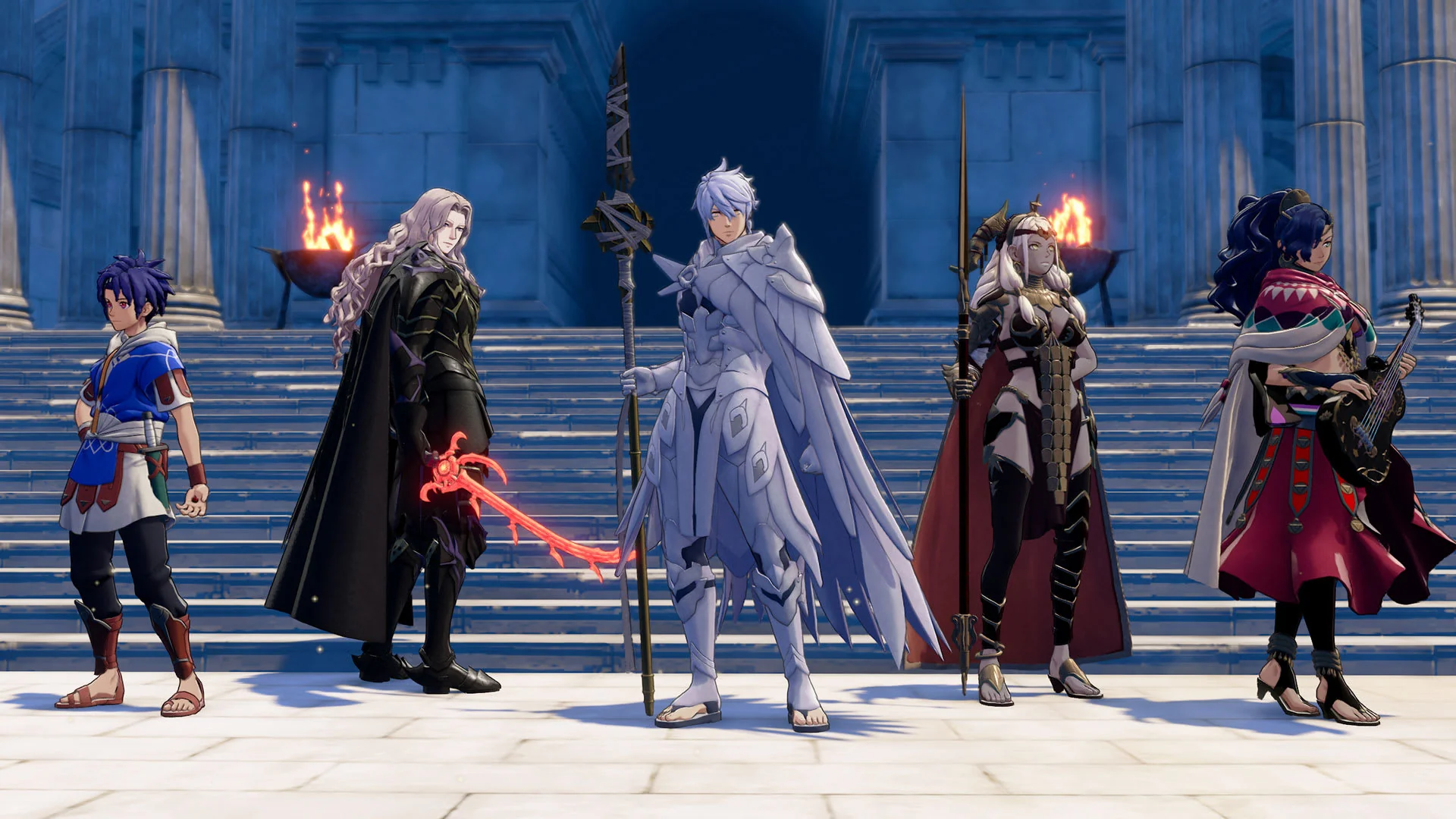 Official game image of five characters, including the four heroes, on the steps in Dagsion.